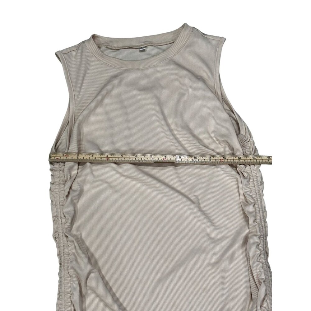 Sleeveless Ruched Side Beige Mini Dress With Adjustable Drawstrings - Picture 5 of 8